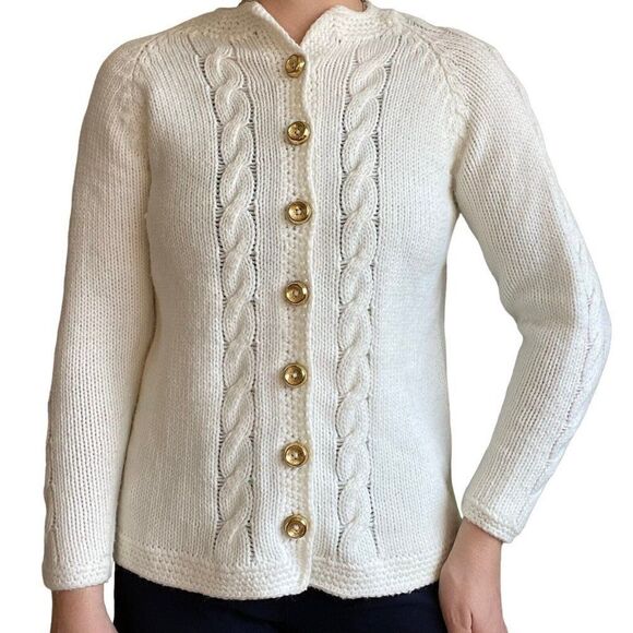 Vintage 80s Womens Hand Knit White Acrylic Chunky Cable Preppy Cardigan Sz M - Picture 2 of 5